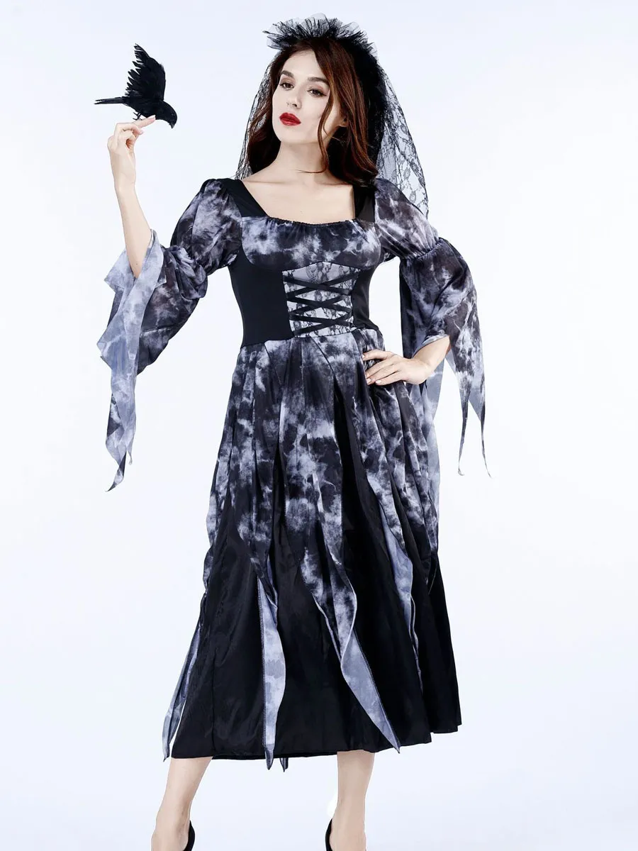 Halloween Ghost Bride Costumes For Women Black Scary  Veil Polyester Lace Dress Holidays Costumes